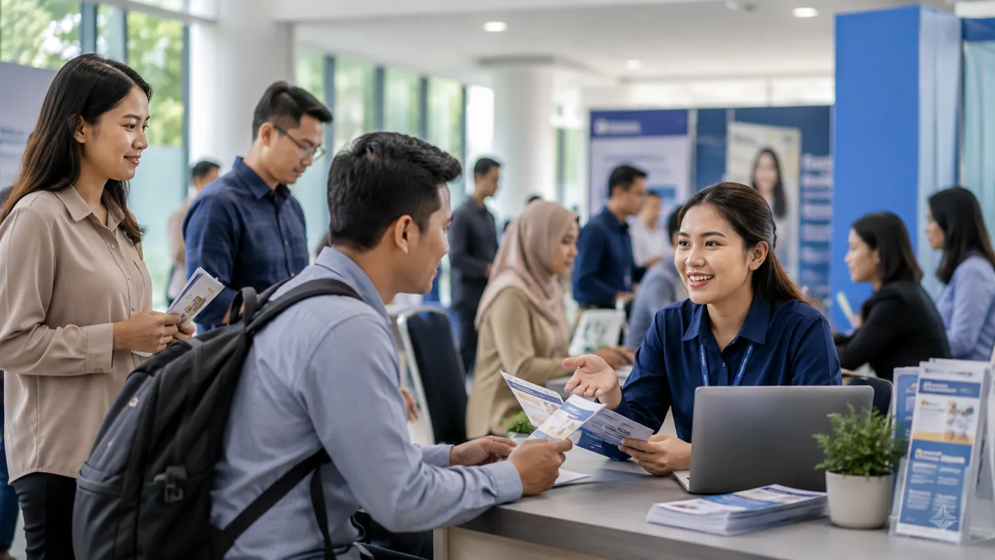 Pencari kerja berkonsultasi dengan petugas pada kegiatan bursa kerja modern